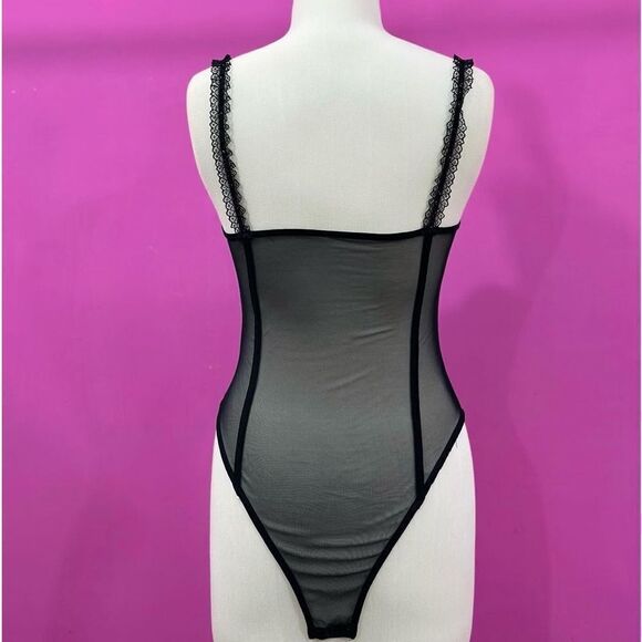 Black Mesh Bodysuit with Lace Straps and Ruffled Cup Details - Picture 4 of 8